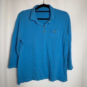Talbots Womens XL Blue 3/4 Sleeve Polo Shirt Gold Button Pocket Preppy Old Money